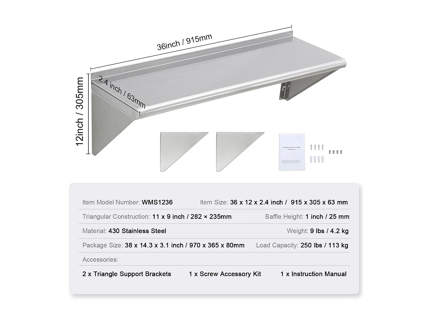 Muurrek SucceBuy  in Roestvrij Staal, 91 x 30 cm, Opbergruimte voor Keuken en Restaurant