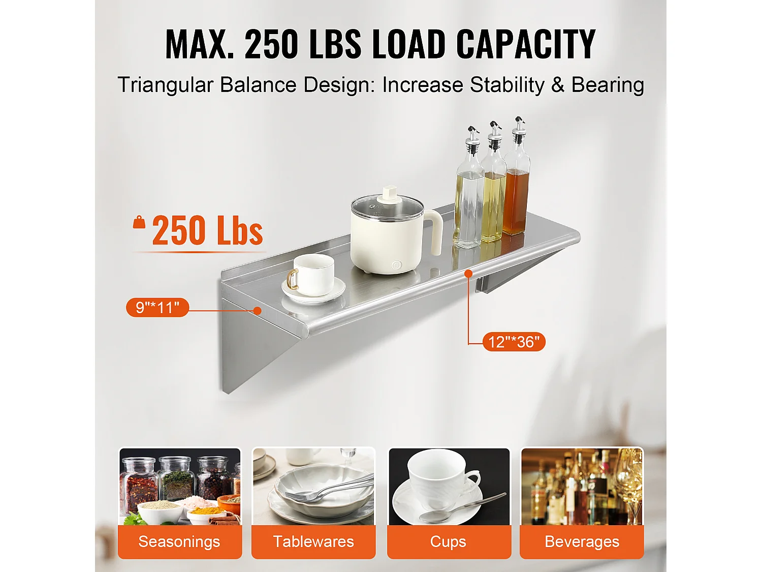 Muurrek SucceBuy  in Roestvrij Staal, 91 x 30 cm, Opbergruimte voor Keuken en Restaurant