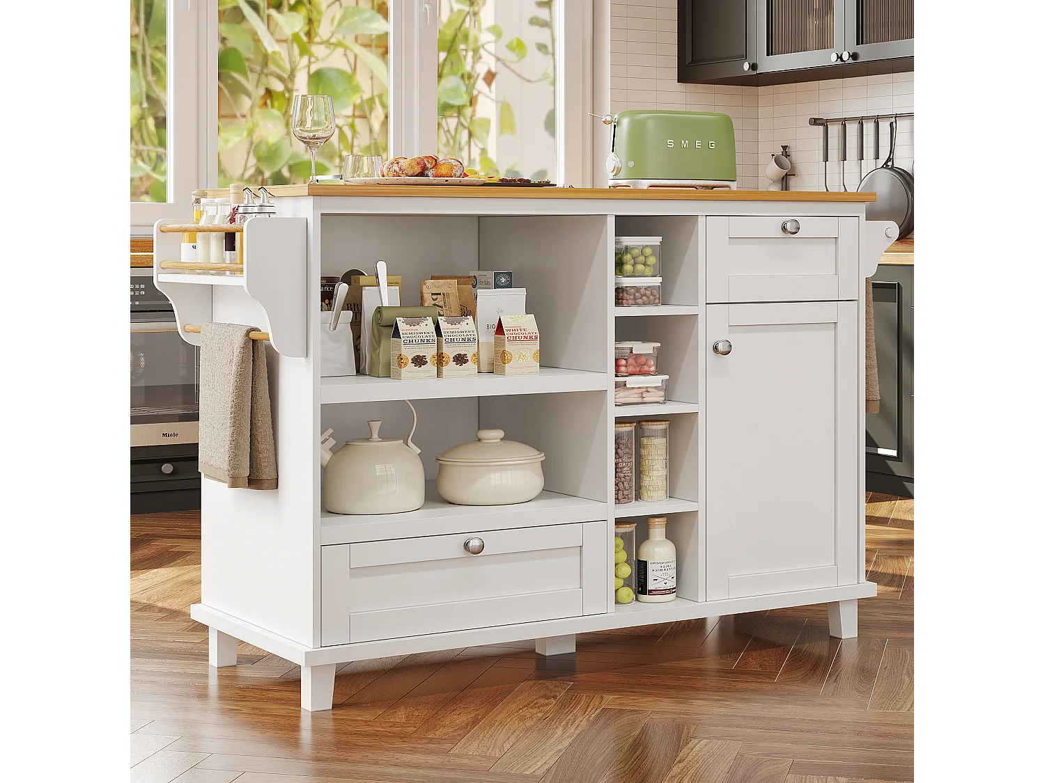 Desserte de cuisine sur roulettes avec 1 porte, 2 tiroirs et 6 niches, blanc - 129x46x92cm