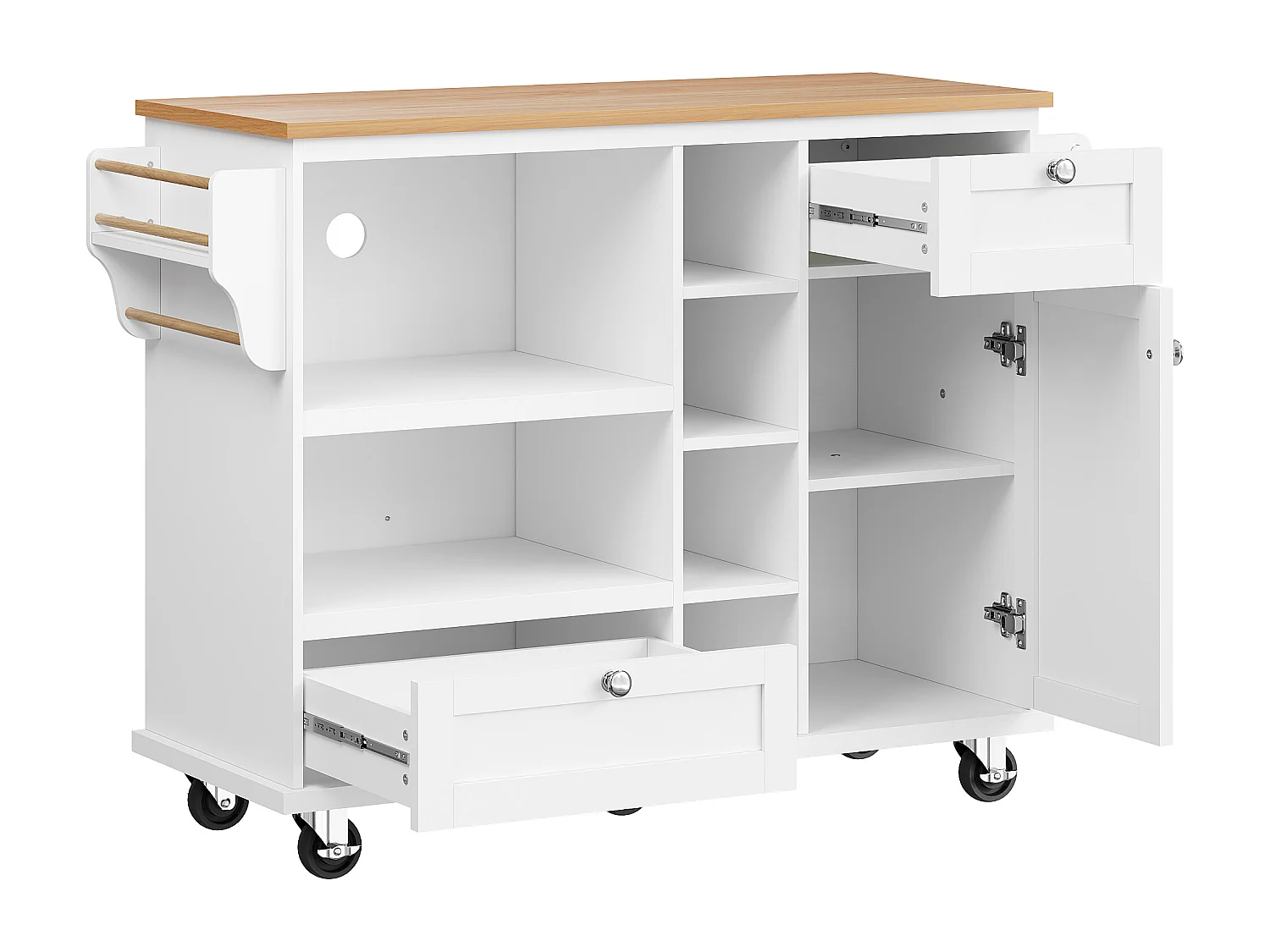 Desserte de cuisine sur roulettes avec 1 porte, 2 tiroirs et 6 niches, blanc - 129x46x92cm