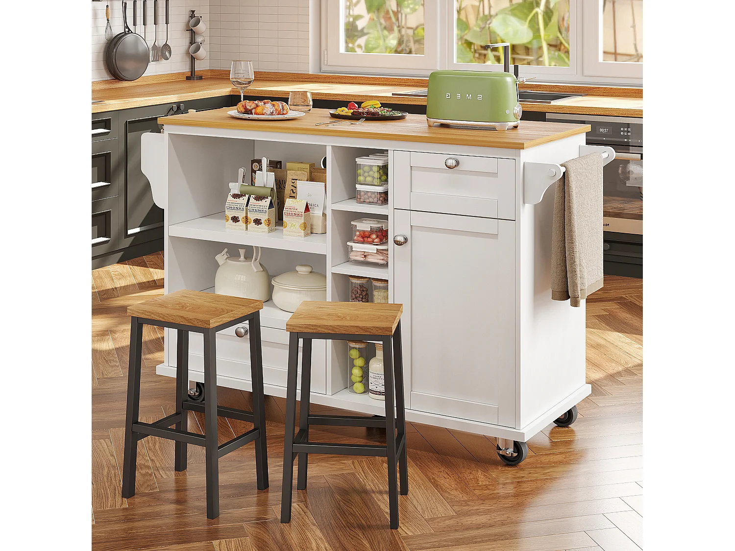 Desserte de cuisine sur roulettes avec 1 porte, 2 tiroirs et 6 niches, blanc - 129x46x92cm
