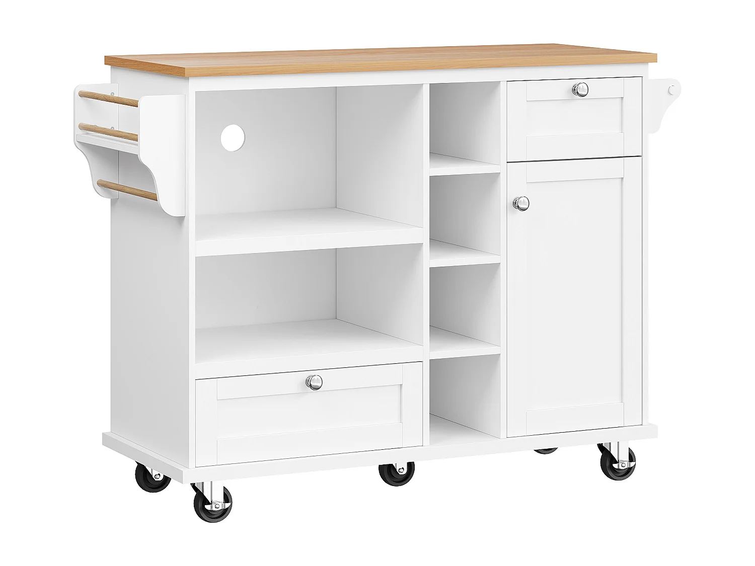 Desserte de cuisine sur roulettes avec 1 porte, 2 tiroirs et 6 niches, blanc - 129x46x92cm