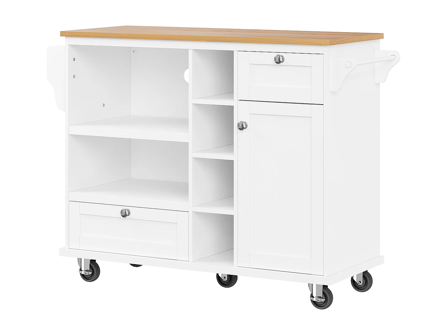 Desserte de cuisine sur roulettes avec 1 porte, 2 tiroirs et 6 niches, blanc - 129x46x92cm