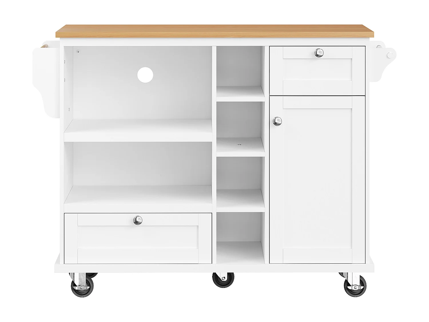 Desserte de cuisine sur roulettes avec 1 porte, 2 tiroirs et 6 niches, blanc - 129x46x92cm