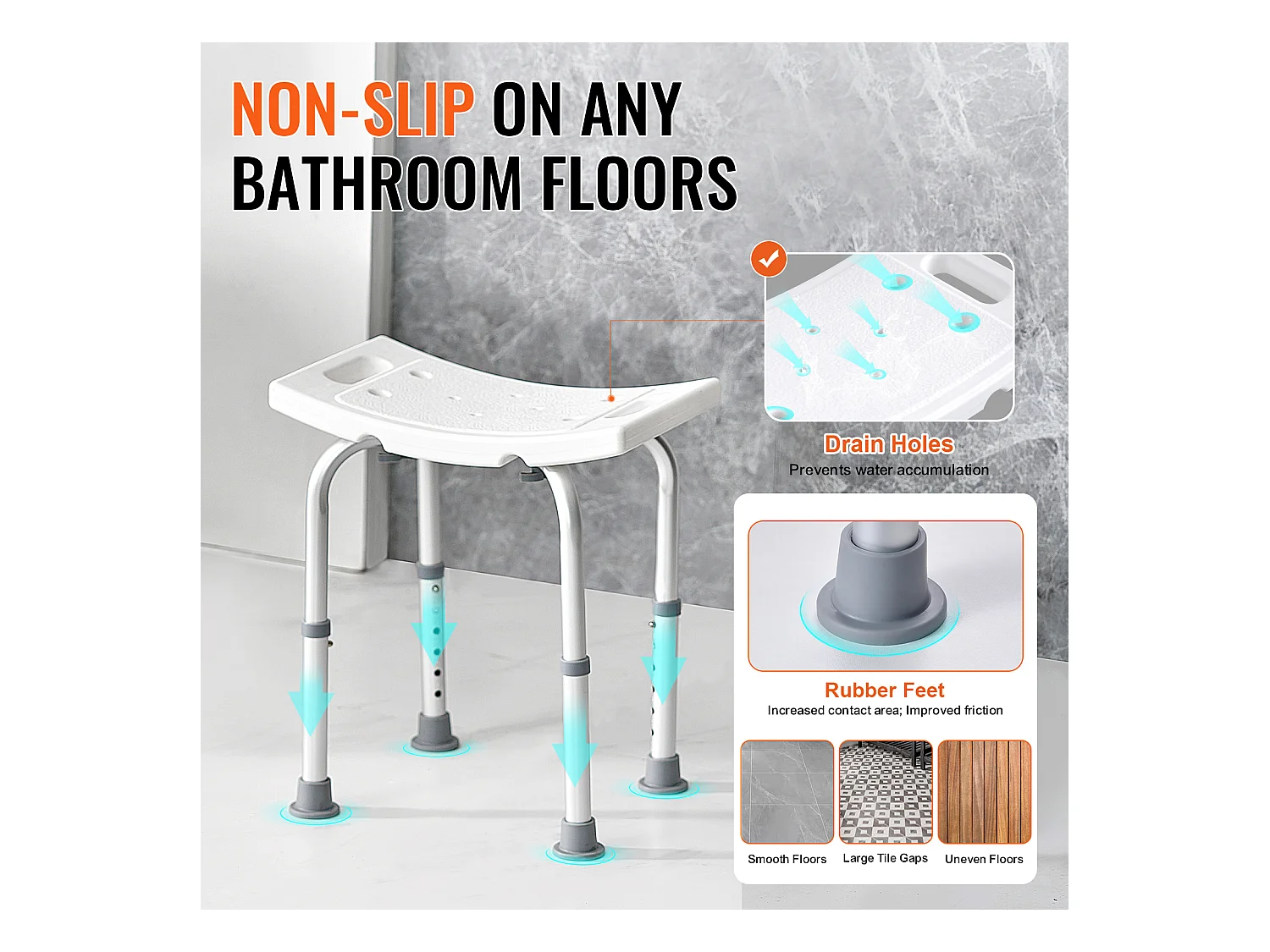 Siège de Douche SucceBuy Capacité 159 kg, Chaise de Douche Hauteur Réglable, Antidérapant