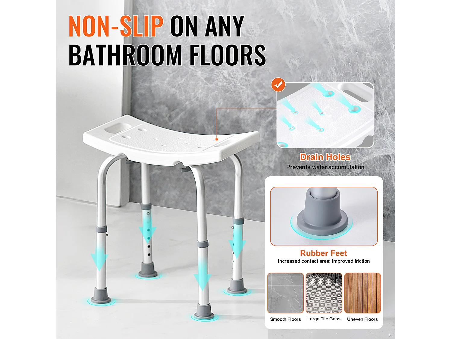 Siège de Douche SucceBuy Capacité 159 kg, Chaise de Douche Hauteur Réglable, Antidérapant