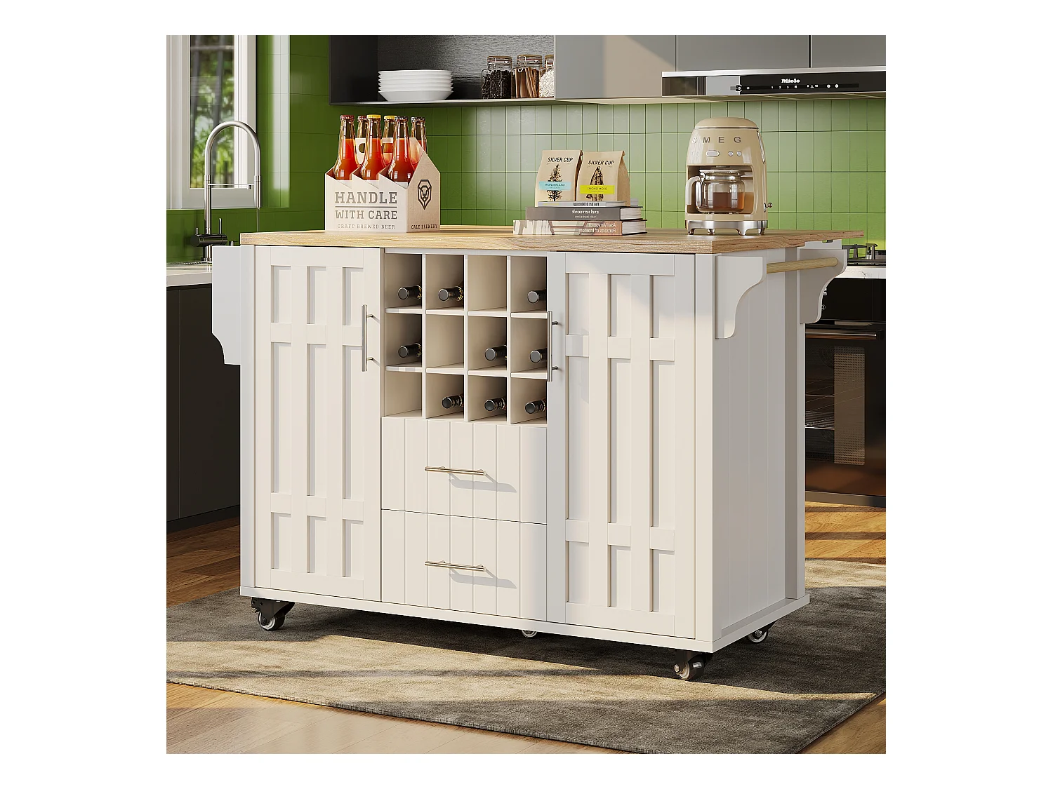 Desserte de cuisine sur roulettes avec plateau extensible, 2 portes et 2 tiroirs, Range-bouteilles inclus, blanc - 140x65x94.5cm
