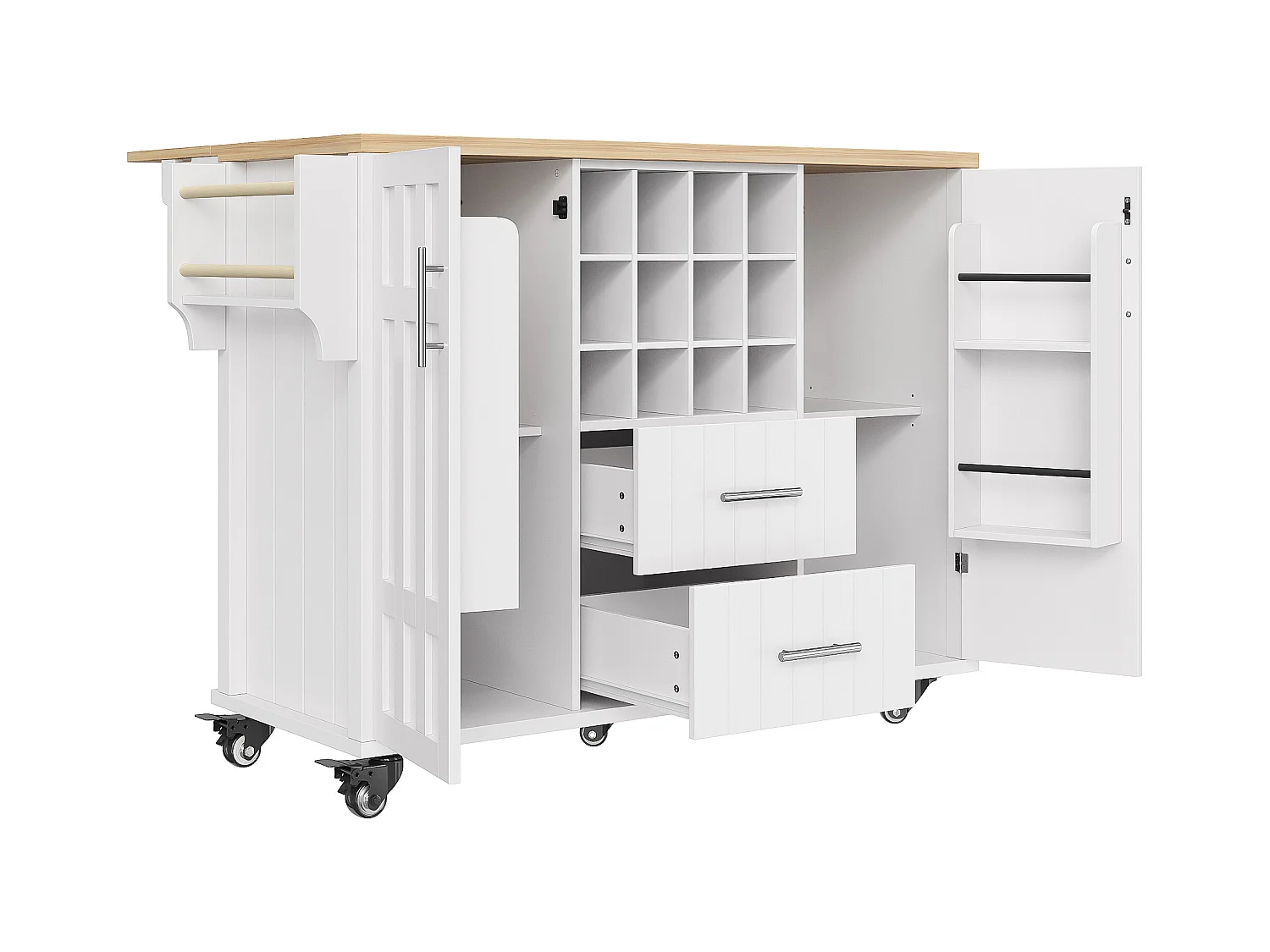 Desserte de cuisine sur roulettes avec plateau extensible, 2 portes et 2 tiroirs, Range-bouteilles inclus, blanc - 140x65x94.5cm