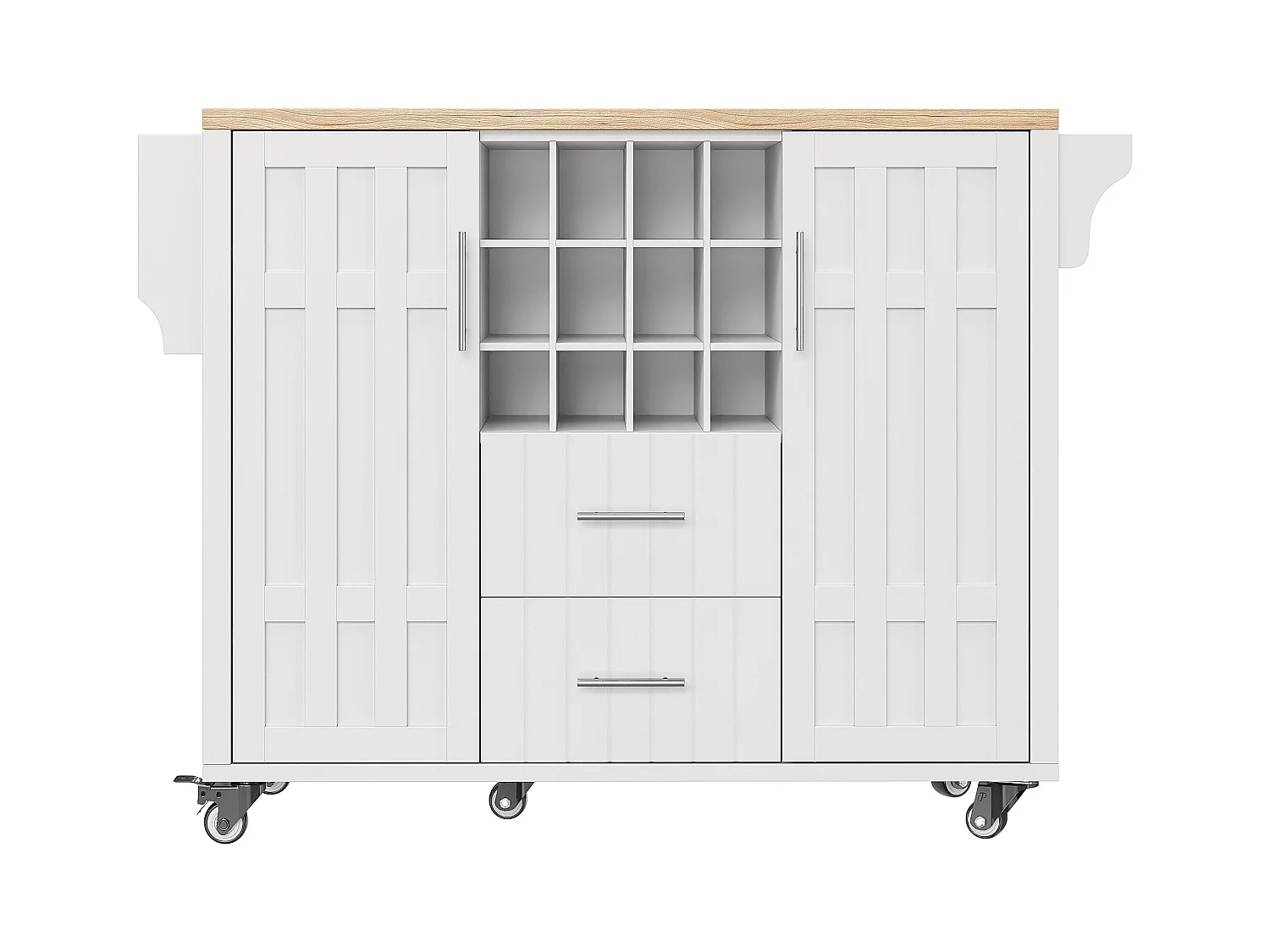 Desserte de cuisine sur roulettes avec plateau extensible, 2 portes et 2 tiroirs, Range-bouteilles inclus, blanc - 140x65x94.5cm