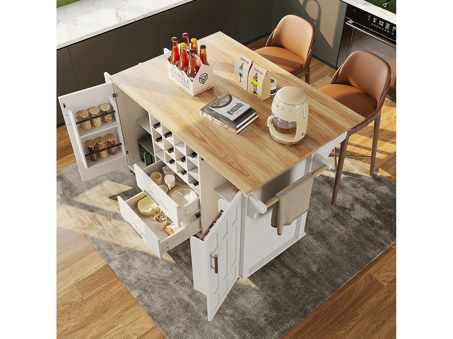 Desserte de cuisine sur roulettes avec plateau extensible, 2 portes et 2 tiroirs, Range-bouteilles inclus, blanc - 140x65x94.5cm