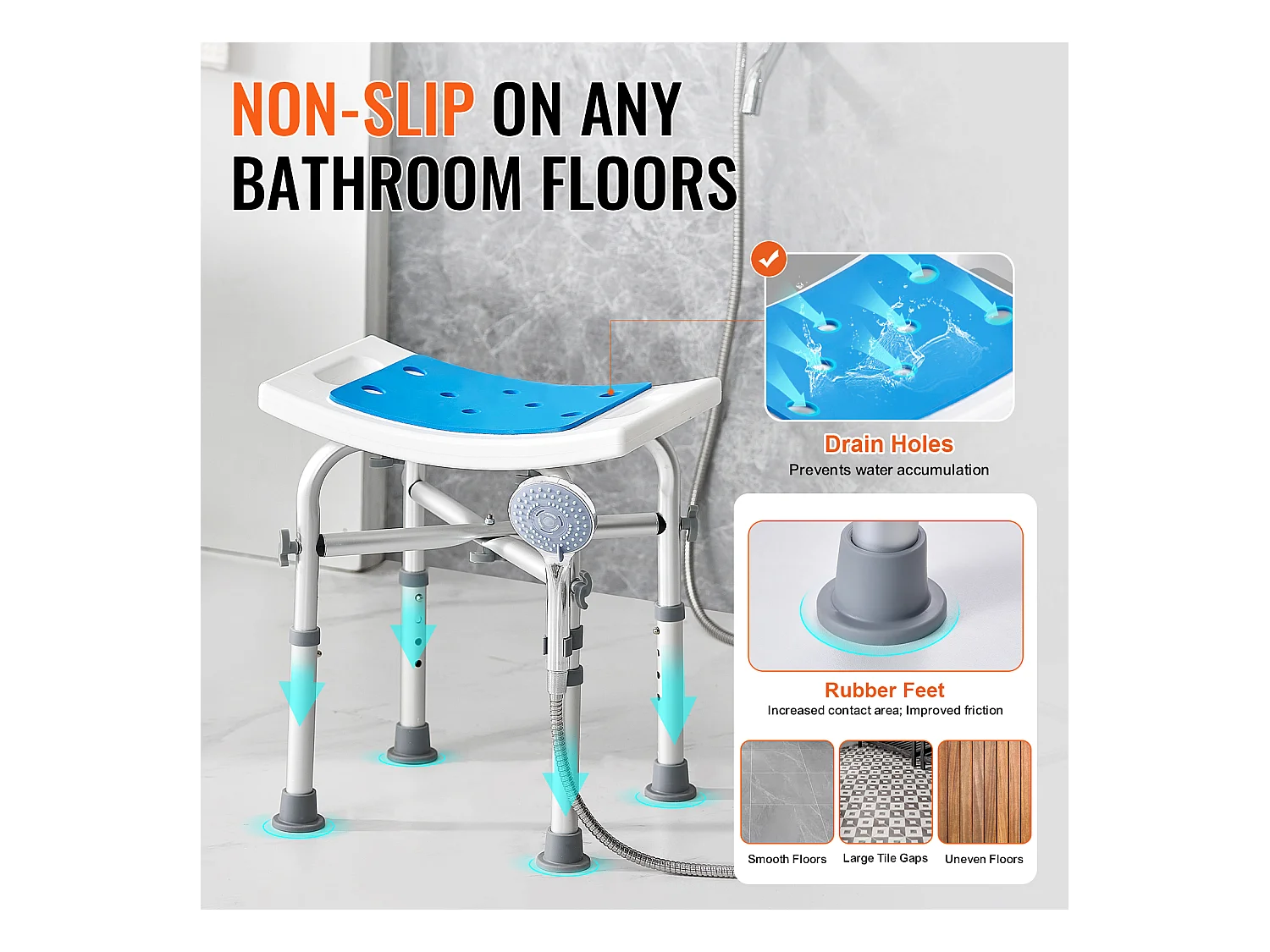 Siège de Douche SucceBuy, Tabouret de Bain Antidérapant, Capacité 227 kg, Chaise de Douche Réglable, pour Personnes Âgées et Handicapées