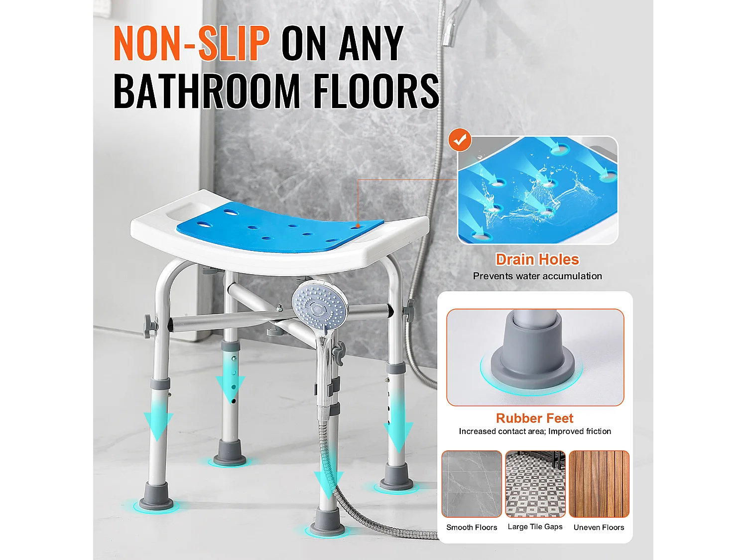 Siège de Douche SucceBuy, Tabouret de Bain Antidérapant, Capacité 227 kg, Chaise de Douche Réglable, pour Personnes Âgées et Handicapées