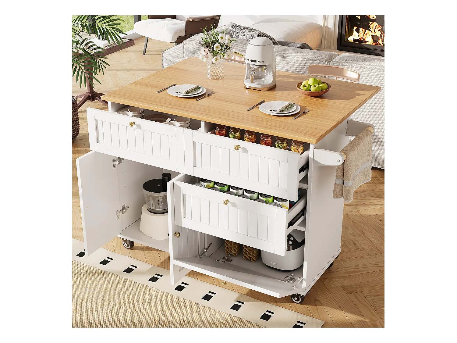 Desserte de cuisine mobile avec plateau extensible en placage woodgrain, 3 tiroirs et 3 portes inclus, blanc - 133x70x88cm