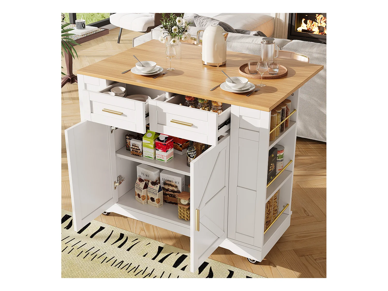 Desserte de cuisine mobile avec plateau extensible en placage woodgrain, 2 tiroirs 2 portes et étagères inclus, blanc - 120x65x90cm