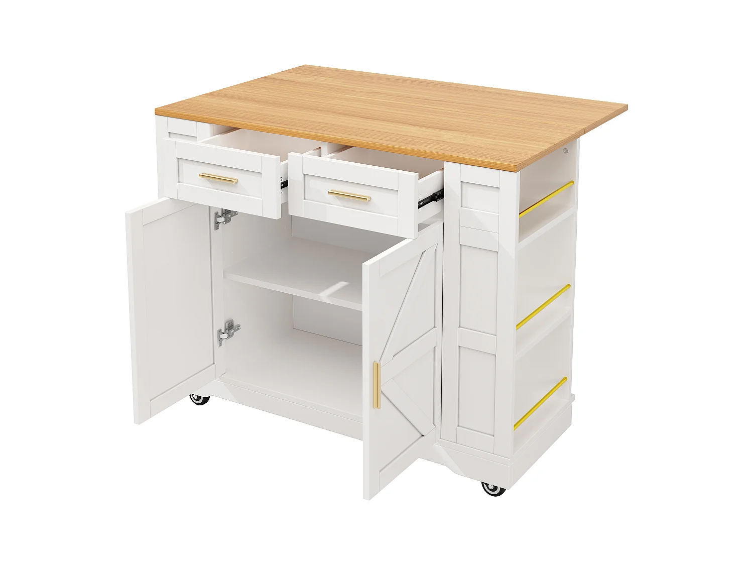 Desserte de cuisine mobile avec plateau extensible en placage woodgrain, 2 tiroirs 2 portes et étagères inclus, blanc - 120x65x90cm