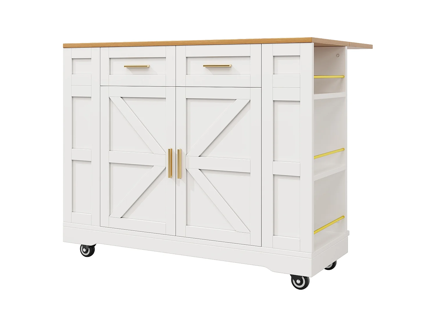 Desserte de cuisine mobile avec plateau extensible en placage woodgrain, 2 tiroirs 2 portes et étagères inclus, blanc - 120x65x90cm