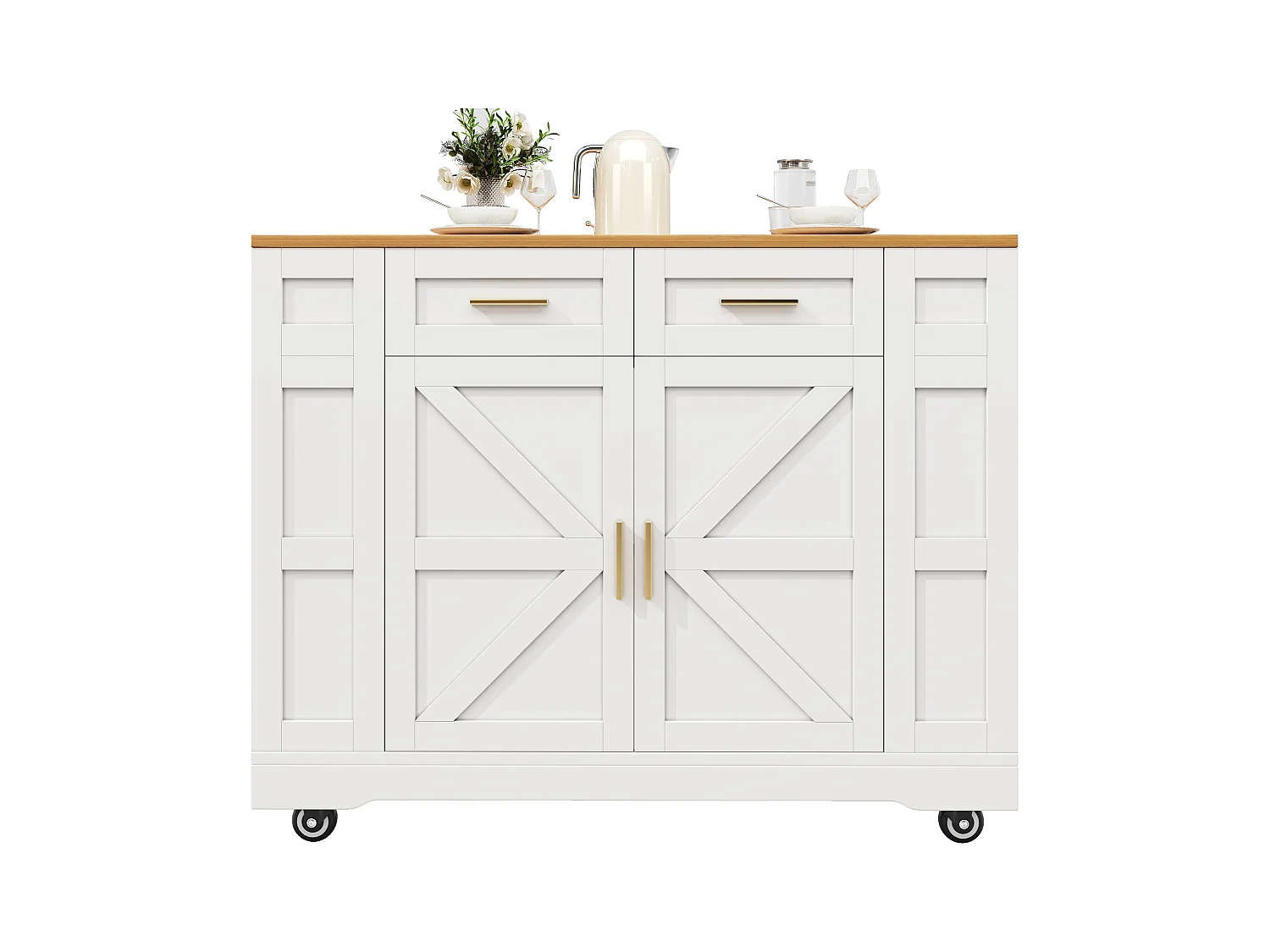 Desserte de cuisine mobile avec plateau extensible en placage woodgrain, 2 tiroirs 2 portes et étagères inclus, blanc - 120x65x90cm