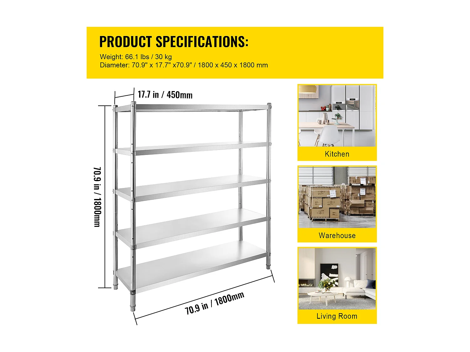 Regelbare SucceBuy 5-lags Opslagrek in Roestvrij Staal, Stevige Plank, in Hoogte Verstelbaar