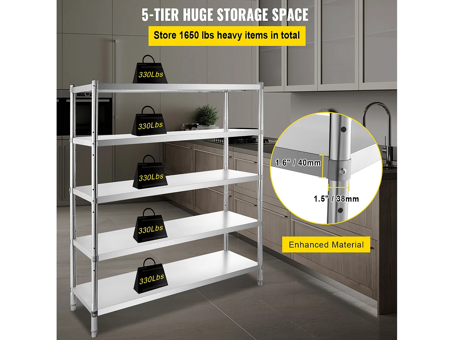 Regelbare SucceBuy 5-lags Opslagrek in Roestvrij Staal, Stevige Plank, in Hoogte Verstelbaar