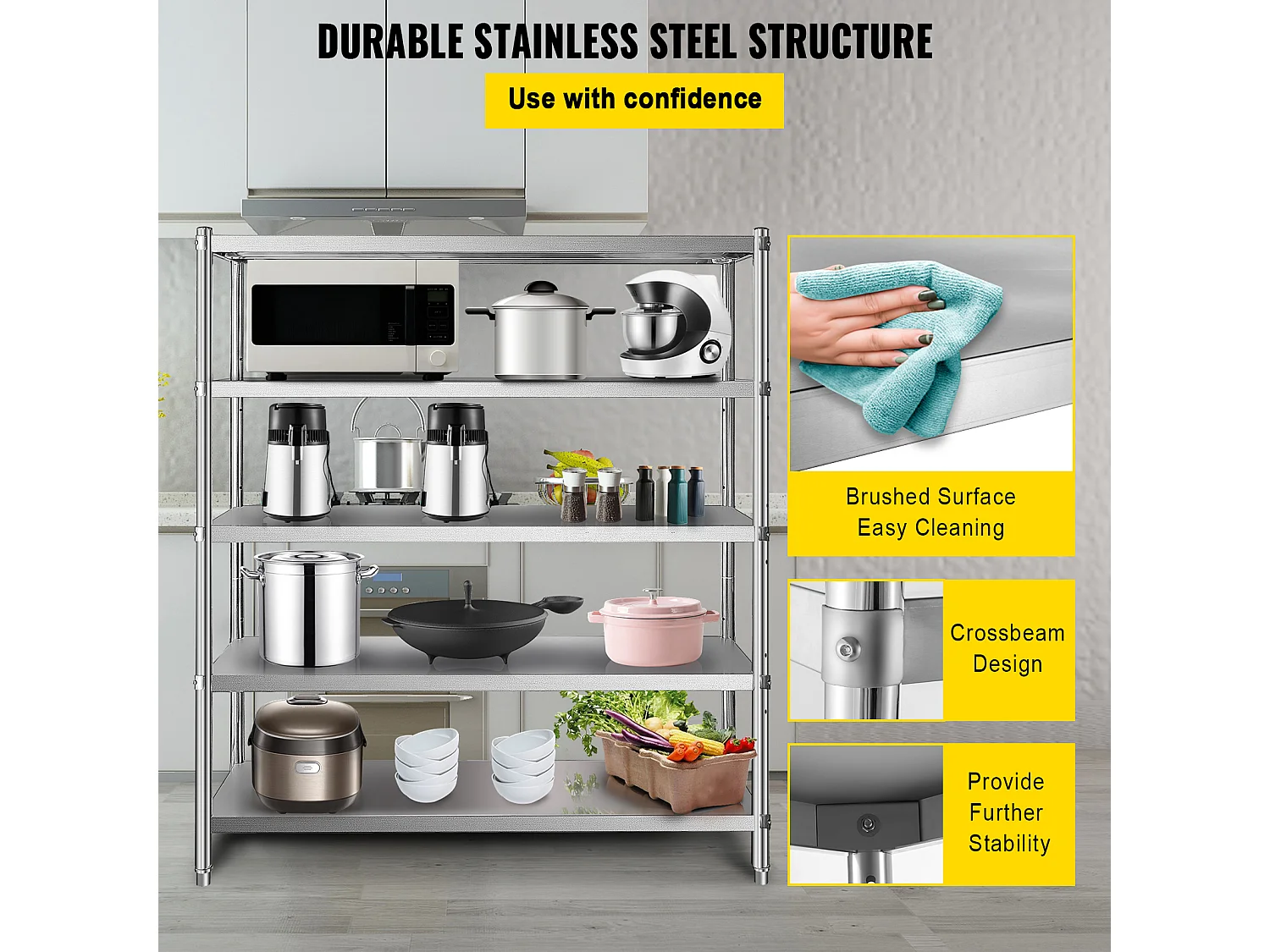 Regelbare SucceBuy 5-lags Opslagrek in Roestvrij Staal, Stevige Plank, in Hoogte Verstelbaar