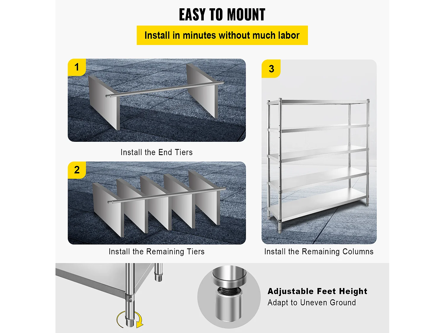 Regelbare SucceBuy 5-lags Opslagrek in Roestvrij Staal, Stevige Plank, in Hoogte Verstelbaar