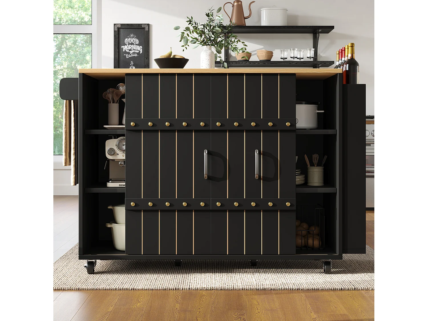 Desserte de cuisine sur roulettes avec plateau extensible, 2 portes coulissants et 3 tiroirs, noir - 110x70x90cm