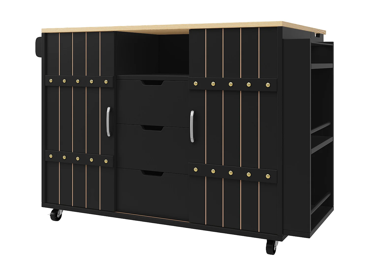 Desserte de cuisine sur roulettes avec plateau extensible, 2 portes coulissants et 3 tiroirs, noir - 110x70x90cm