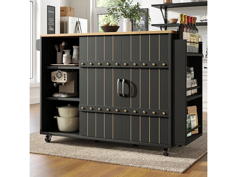 Carrinho de cozinha com rodas e tampo extensível, 2 portas de correr e 3 gavetas, preto - 110x70x90cm