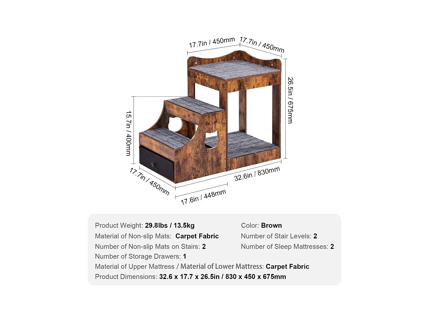 Lit Superposé Rustique SucceBuy pour Animaux de Compagnie, Marron, Perchoir de Fenêtre pour Chien/Chat, Intérieur avec Escaliers