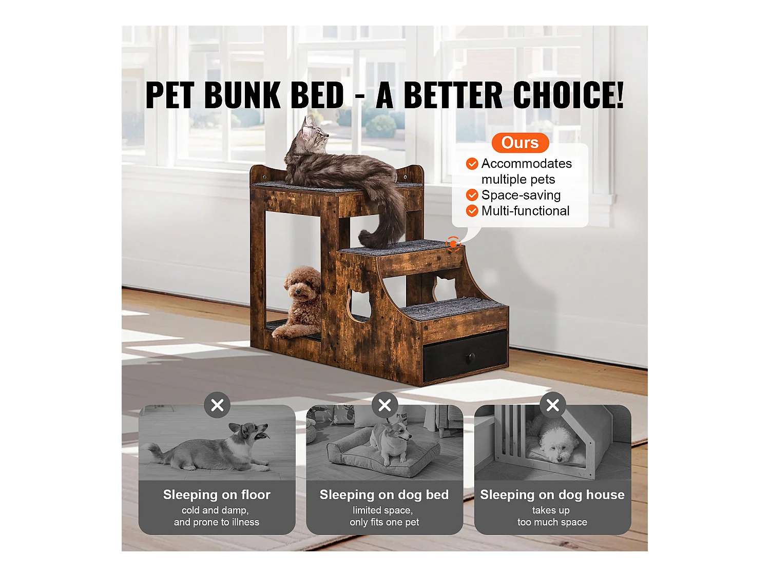 Lit Superposé Rustique SucceBuy pour Animaux de Compagnie, Marron, Perchoir de Fenêtre pour Chien/Chat, Intérieur avec Escaliers