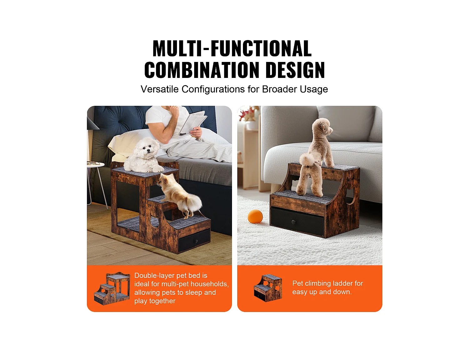 Lit Superposé Rustique SucceBuy pour Animaux de Compagnie, Marron, Perchoir de Fenêtre pour Chien/Chat, Intérieur avec Escaliers