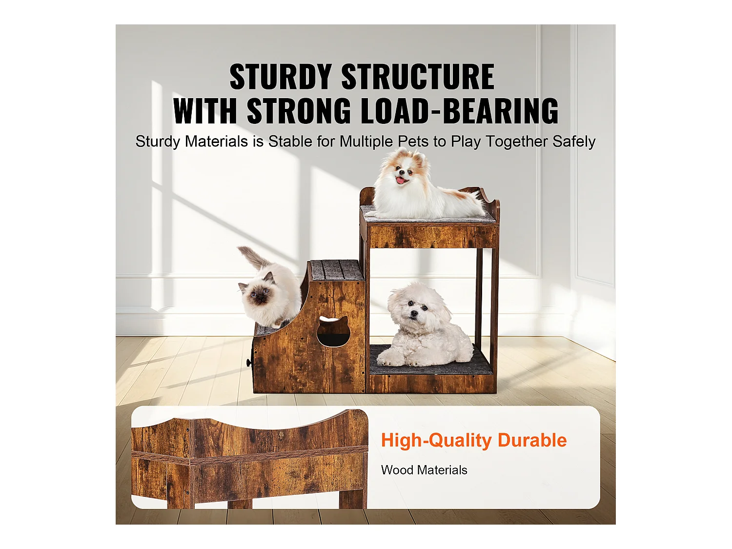 Lit Superposé Rustique SucceBuy pour Animaux de Compagnie, Marron, Perchoir de Fenêtre pour Chien/Chat, Intérieur avec Escaliers