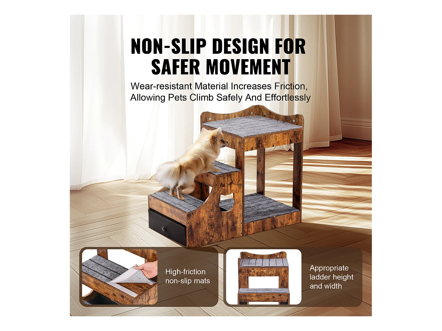 Lit Superposé Rustique SucceBuy pour Animaux de Compagnie, Marron, Perchoir de Fenêtre pour Chien/Chat, Intérieur avec Escaliers