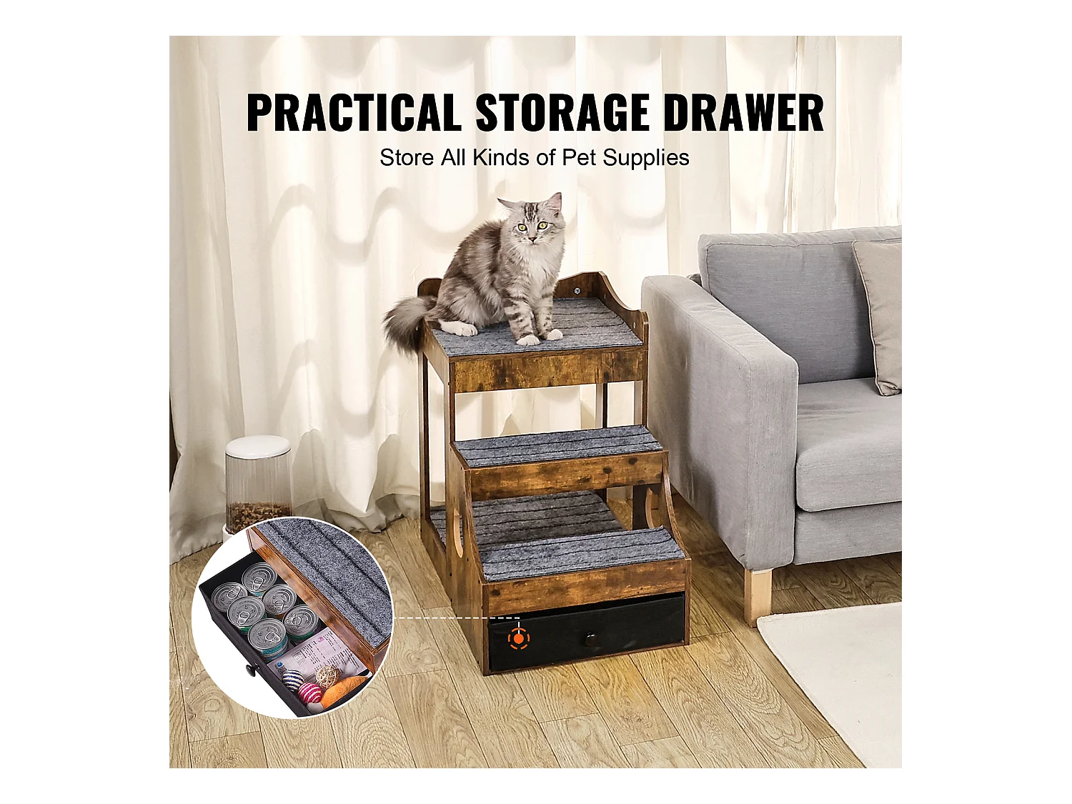 Lit Superposé Rustique SucceBuy pour Animaux de Compagnie, Marron, Perchoir de Fenêtre pour Chien/Chat, Intérieur avec Escaliers