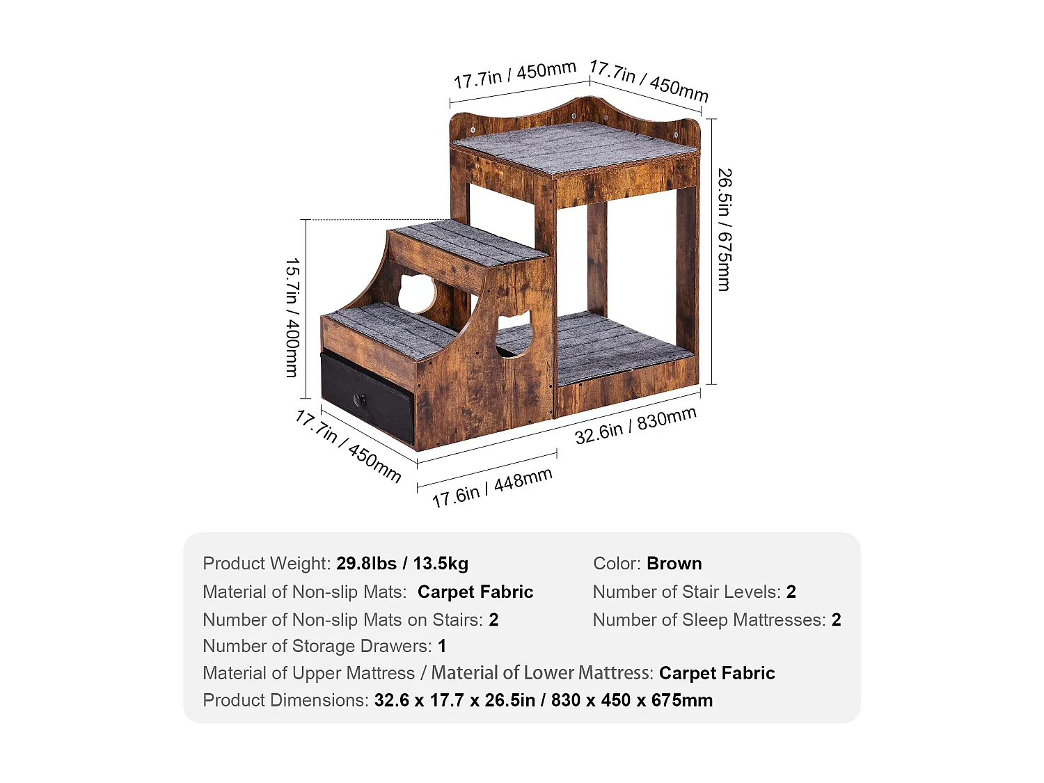 Lit Superposé Rustique SucceBuy pour Animaux de Compagnie, Marron, Perchoir de Fenêtre pour Chien/Chat, Intérieur avec Escaliers