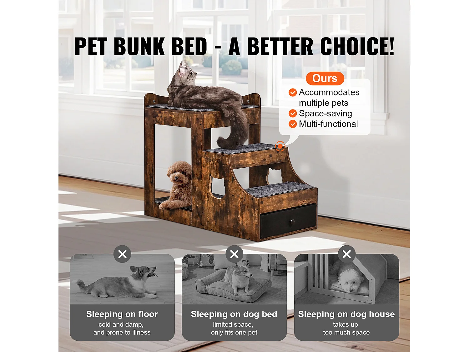 Lit Superposé Rustique SucceBuy pour Animaux de Compagnie, Marron, Perchoir de Fenêtre pour Chien/Chat, Intérieur avec Escaliers