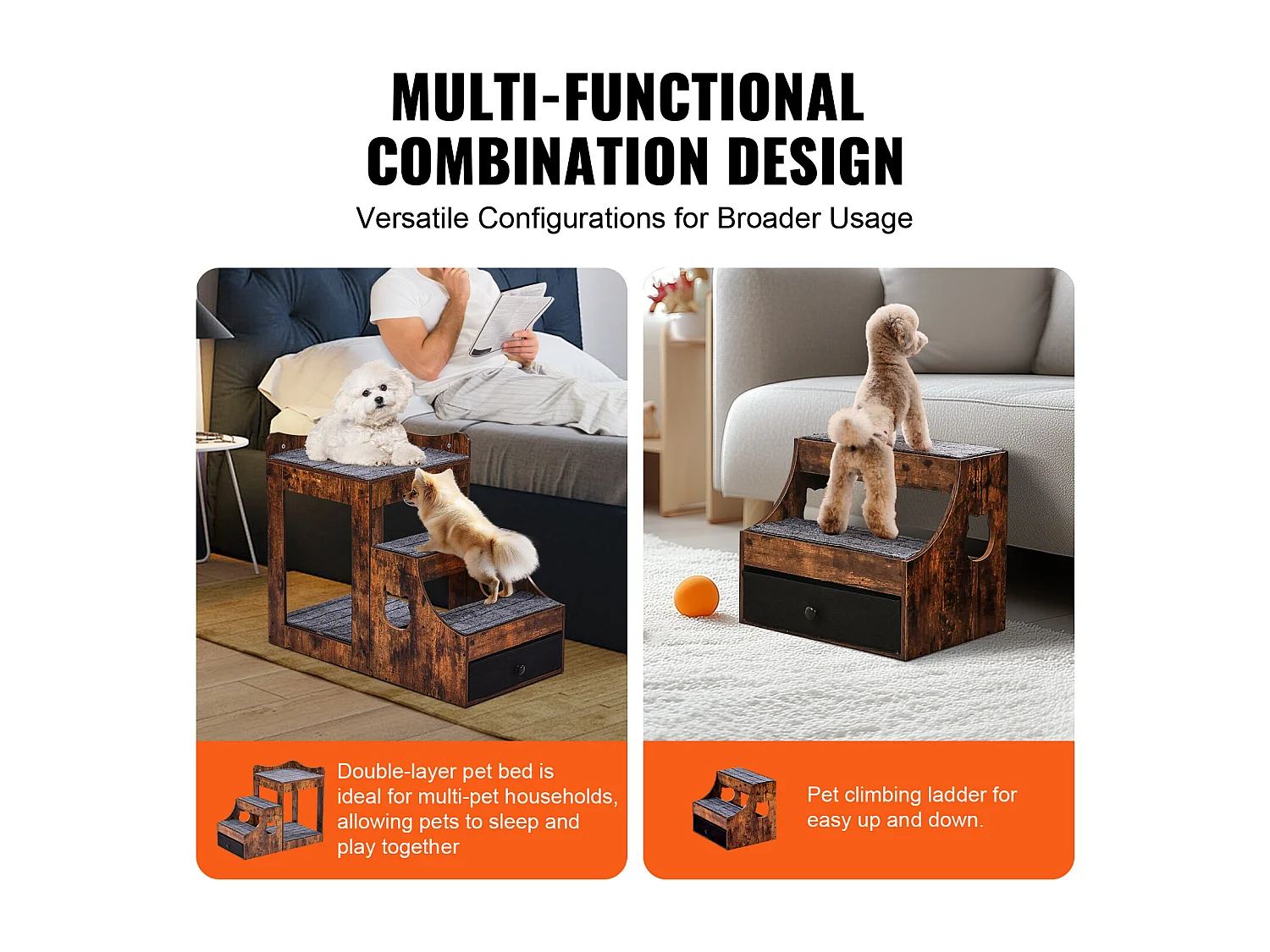 Lit Superposé Rustique SucceBuy pour Animaux de Compagnie, Marron, Perchoir de Fenêtre pour Chien/Chat, Intérieur avec Escaliers