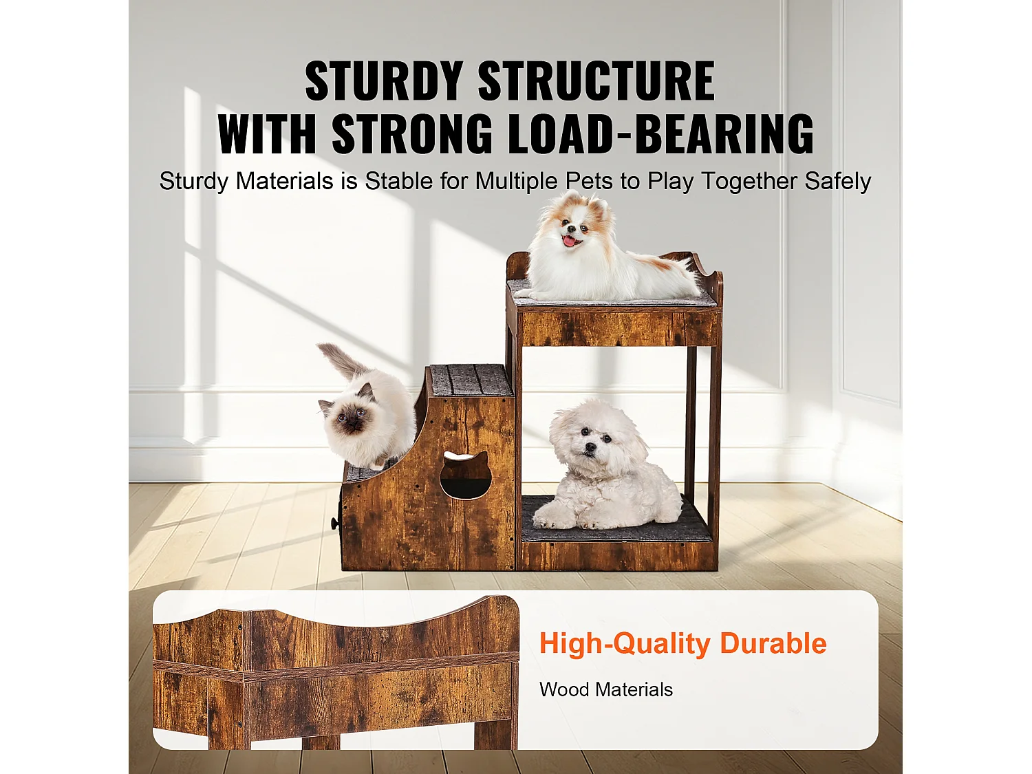 Lit Superposé Rustique SucceBuy pour Animaux de Compagnie, Marron, Perchoir de Fenêtre pour Chien/Chat, Intérieur avec Escaliers