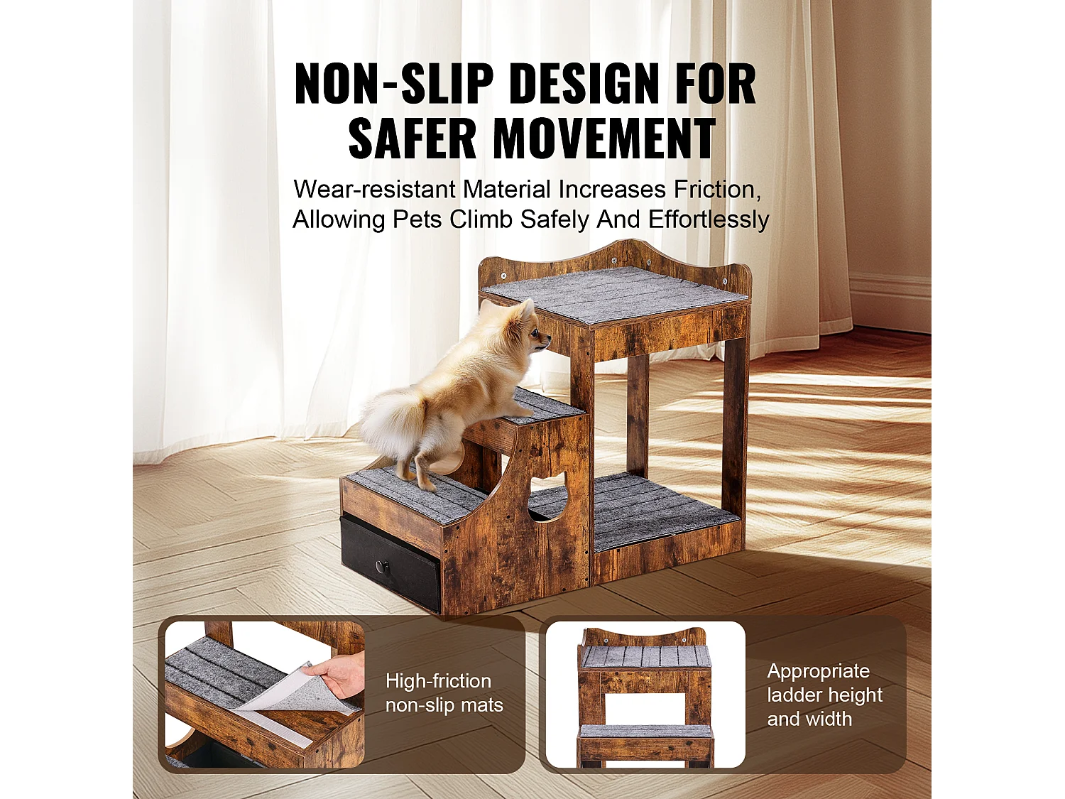 Lit Superposé Rustique SucceBuy pour Animaux de Compagnie, Marron, Perchoir de Fenêtre pour Chien/Chat, Intérieur avec Escaliers