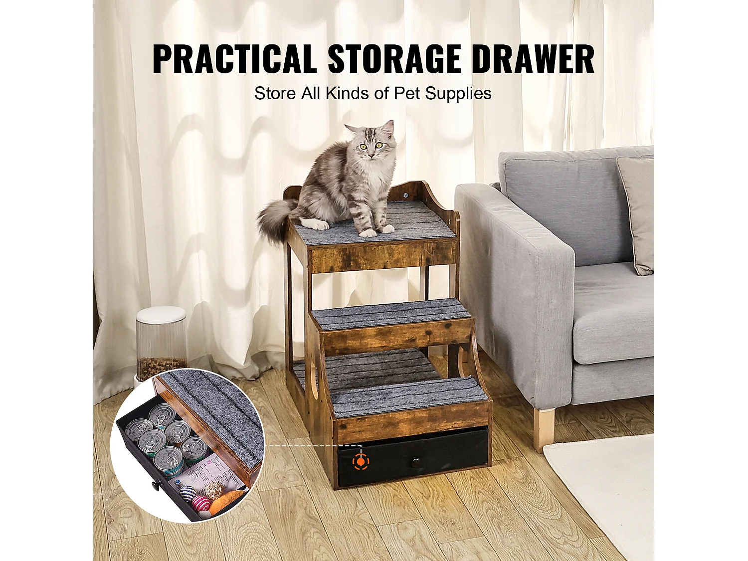 Lit Superposé Rustique SucceBuy pour Animaux de Compagnie, Marron, Perchoir de Fenêtre pour Chien/Chat, Intérieur avec Escaliers