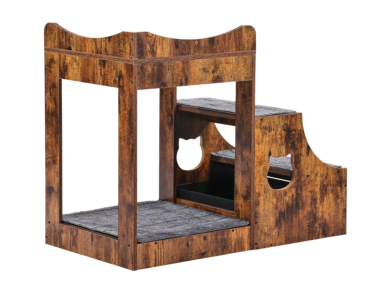 Lit Superposé Rustique SucceBuy pour Animaux de Compagnie, Marron, Perchoir de Fenêtre pour Chien/Chat, Intérieur avec Escaliers