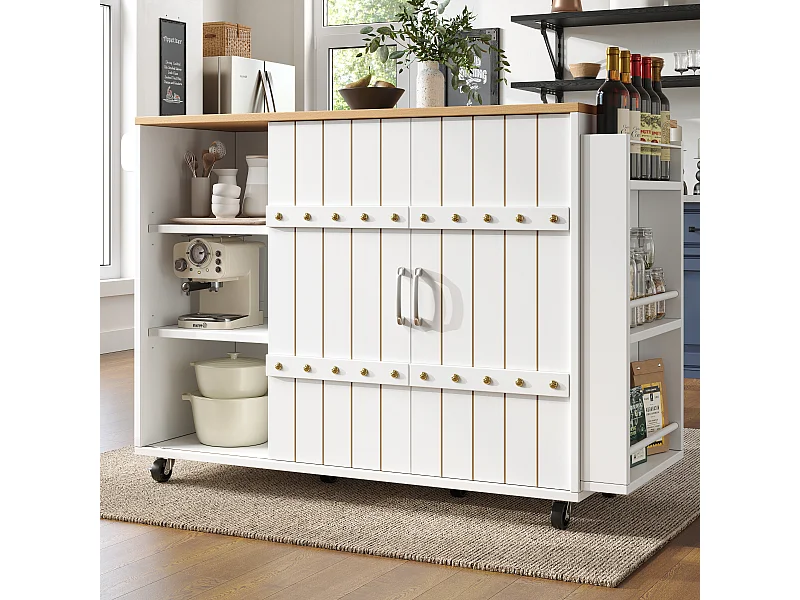 Desserte de cuisine sur roulettes avec plateau extensible, 2 portes coulissants et 3 tiroirs, blanc - 110x70x90cm