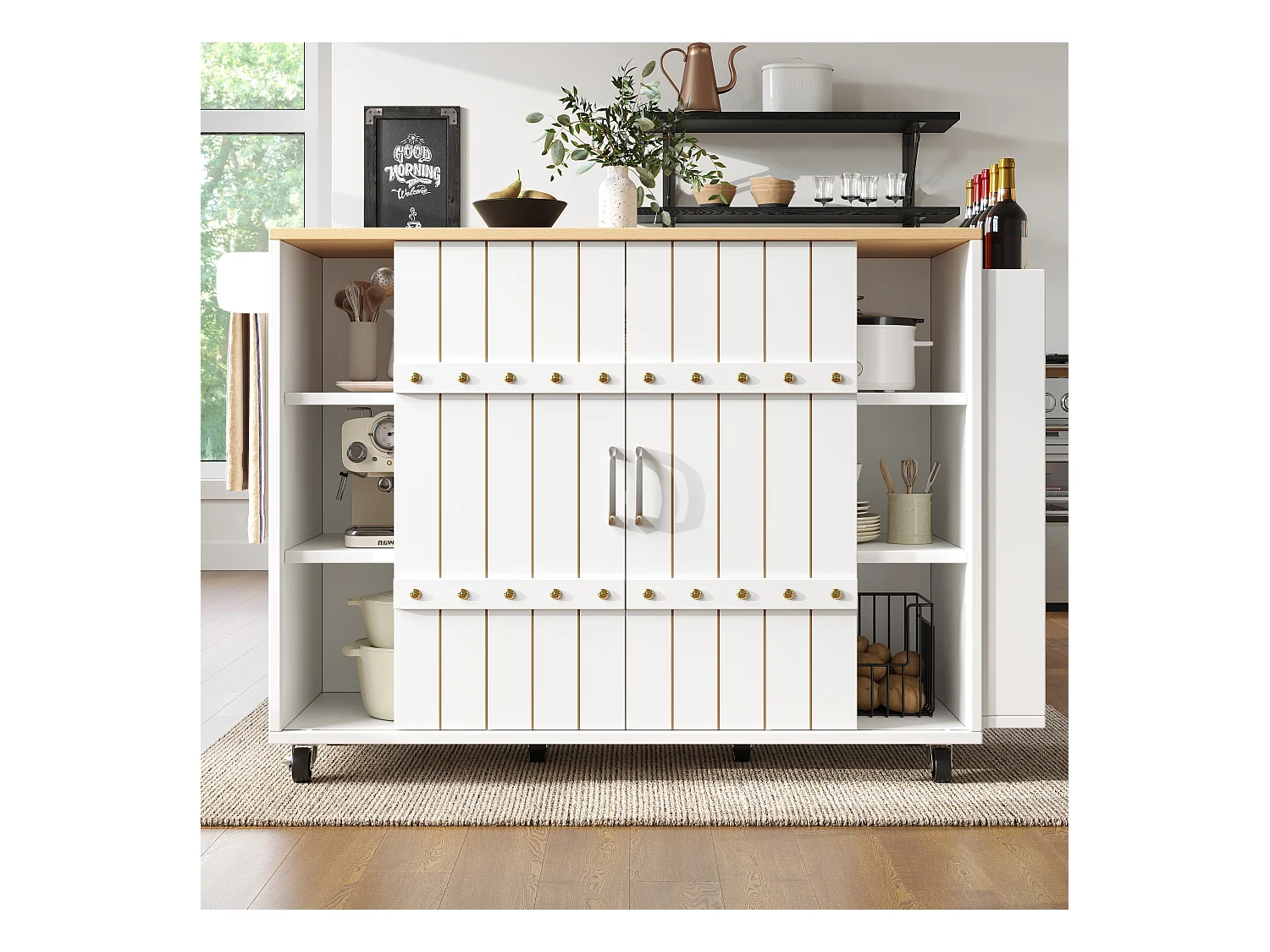 Desserte de cuisine sur roulettes avec plateau extensible, 2 portes coulissants et 3 tiroirs, blanc - 110x70x90cm