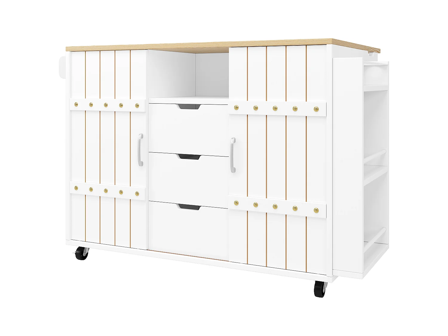 Desserte de cuisine sur roulettes avec plateau extensible, 2 portes coulissants et 3 tiroirs, blanc - 110x70x90cm