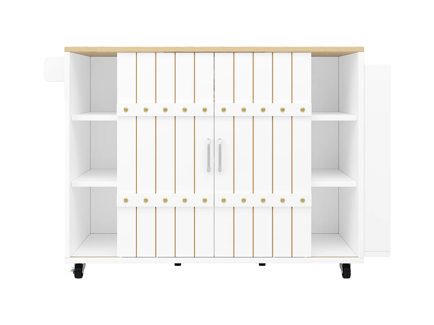 Desserte de cuisine sur roulettes avec plateau extensible, 2 portes coulissants et 3 tiroirs, blanc - 110x70x90cm