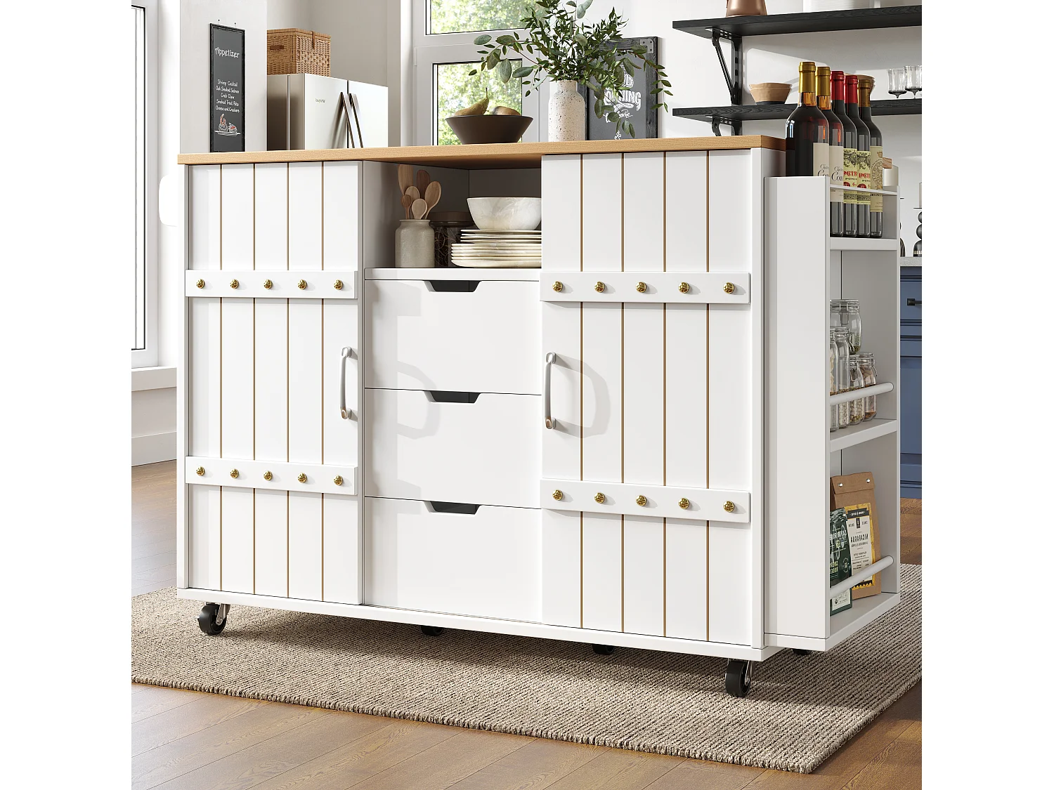 Desserte de cuisine sur roulettes avec plateau extensible, 2 portes coulissants et 3 tiroirs, blanc - 110x70x90cm