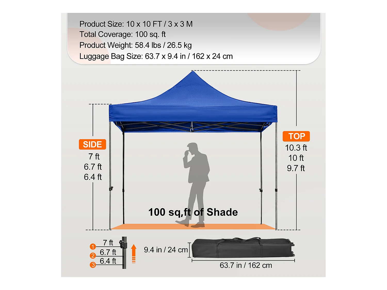 Tente à Baldaquin SucceBuy Escamotable, 305 x 305 cm, Belvédère Extérieur avec Parois Latérales, Bleu