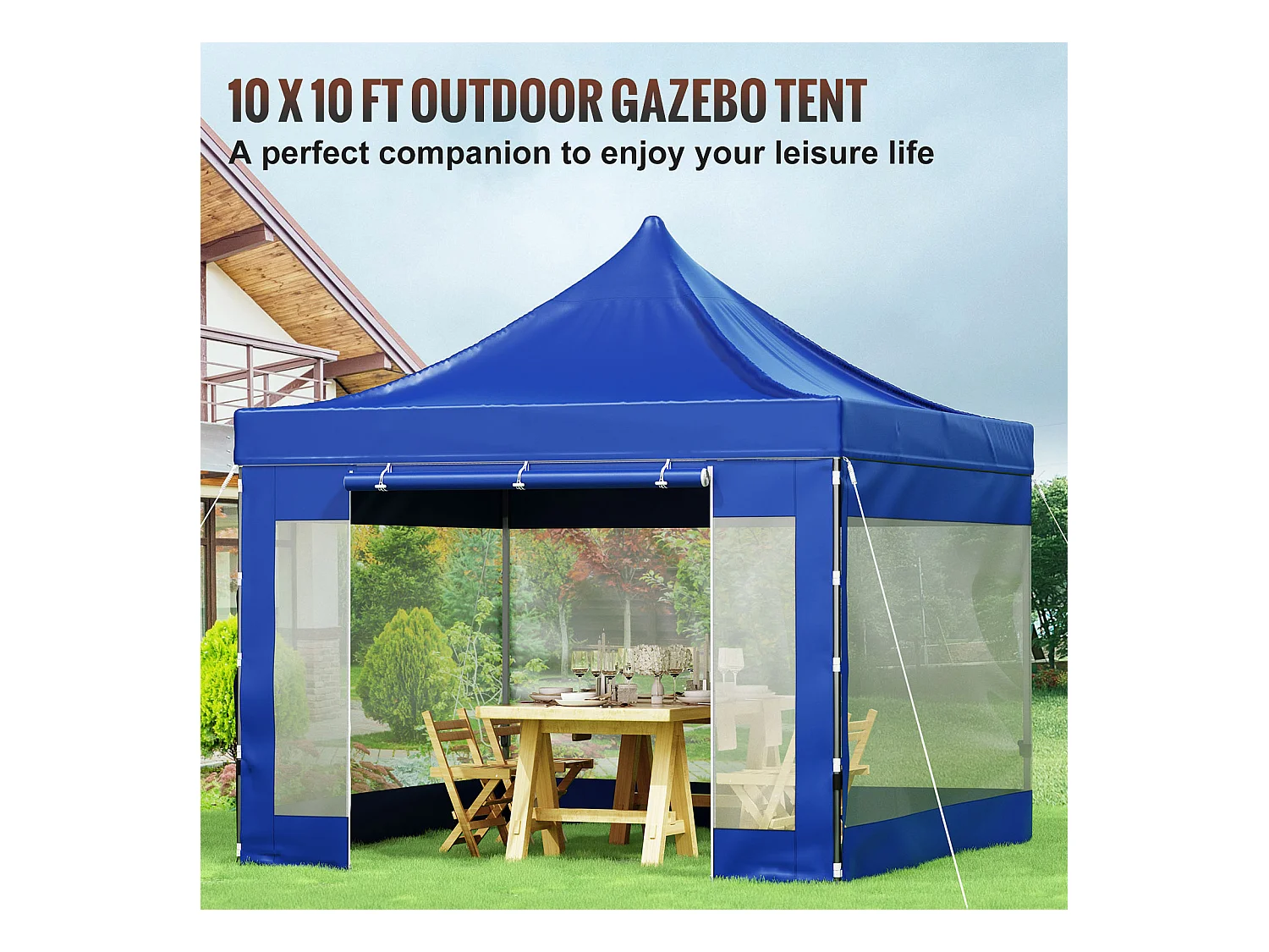 Tente à Baldaquin SucceBuy Escamotable, 305 x 305 cm, Belvédère Extérieur avec Parois Latérales, Bleu