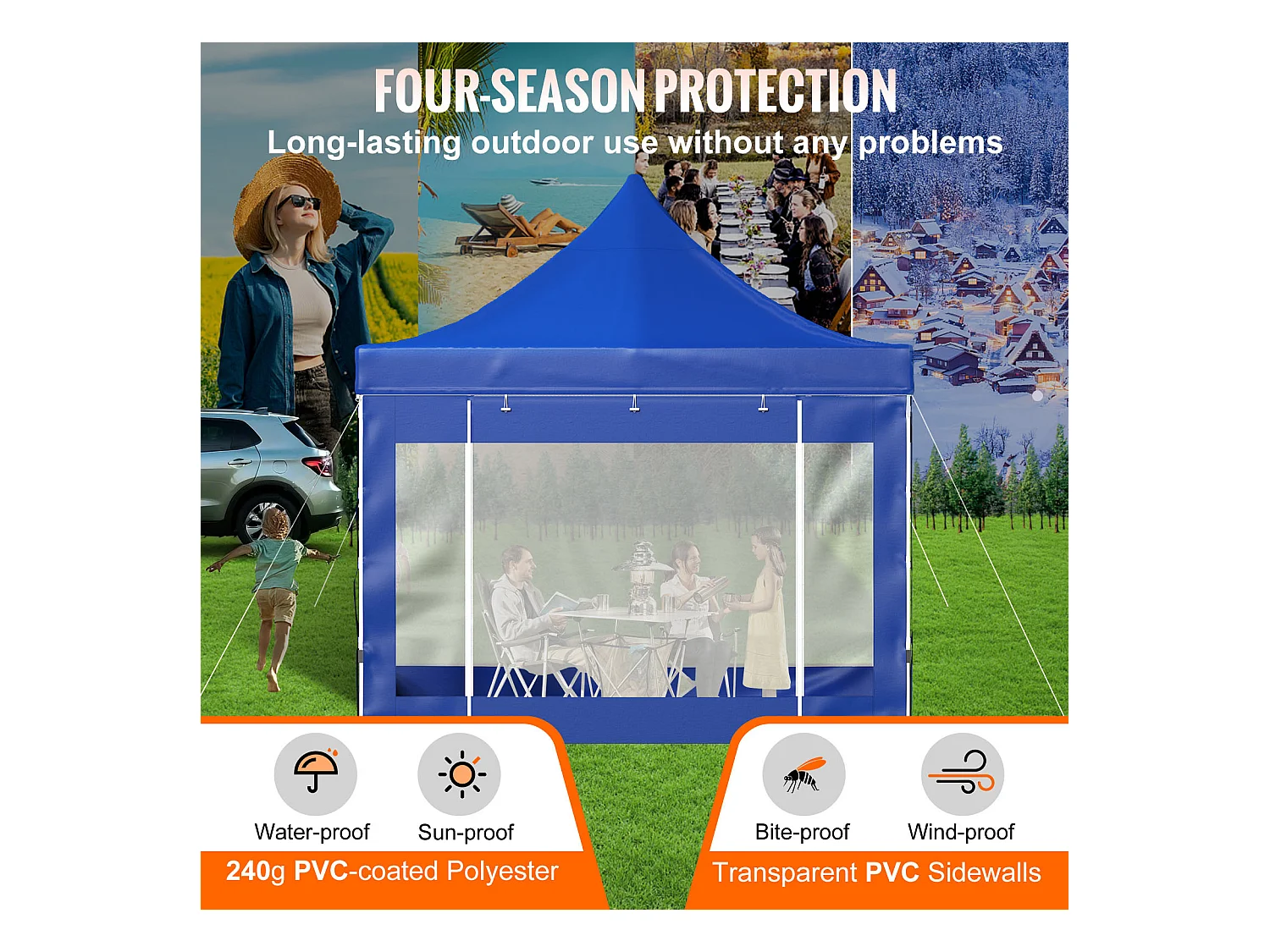 Tente à Baldaquin SucceBuy Escamotable, 305 x 305 cm, Belvédère Extérieur avec Parois Latérales, Bleu