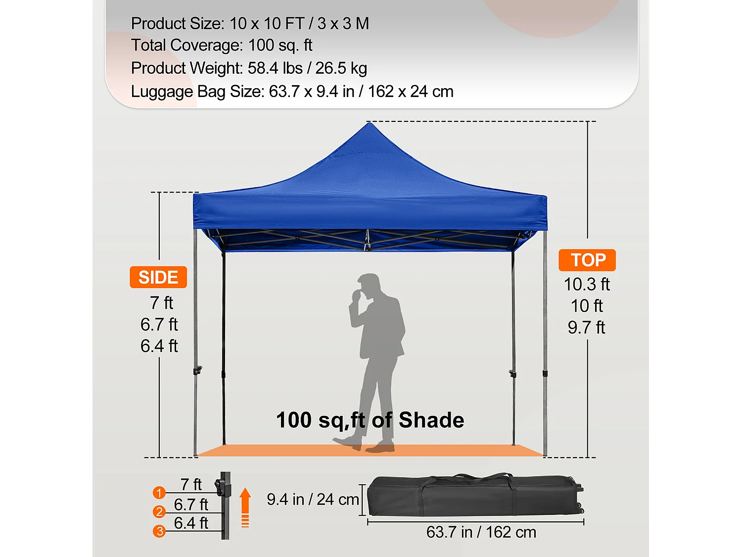 Tente à Baldaquin SucceBuy Escamotable, 305 x 305 cm, Belvédère Extérieur avec Parois Latérales, Bleu